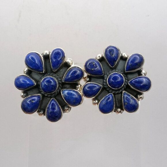 Handmade Jewelry - Southwest Native Style Sterling Silver Lapis Lazuli Cluster Flower Earrings Stud